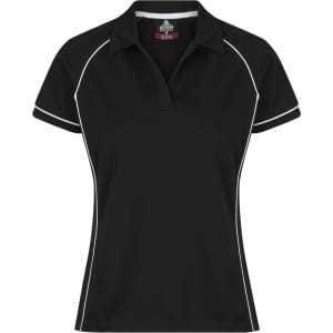 A black polo shirt featuring white piping, designed specifically for women, with a subtle logo on the chest.