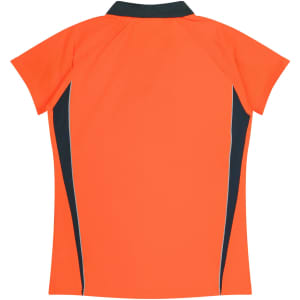 An orange polo shirt featuring a black collar and side panels. The back is plain without any logos or text.