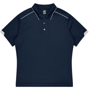 A navy sports polo featuring a collar, buttons, and grey accents on the sleeves. It has a logo on the chest.