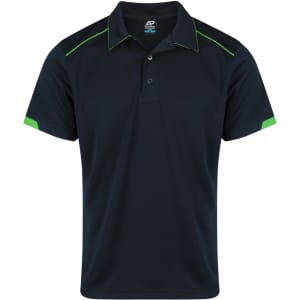 A navy polo shirt with green accents and a logo on the chest. Short sleeves and a classic collar design.