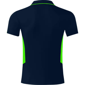 A navy polo shirt with green accents, featuring a collar and short sleeves. The design includes a logo.