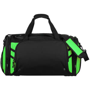 A black and bright green duffle bag with a shoulder strap and multiple compartments. Features a logo.