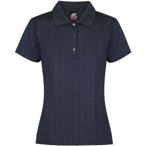 A navy polo shirt with a collared neckline and three-button placket, featuring a logo on the label.