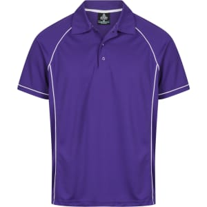 A purple polo shirt with white piping and a logo on the chest. Suitable for men's casual wear.