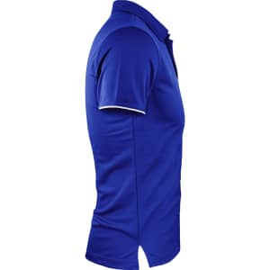 A blue polo shirt featuring a collar and side slits, with a subtle contrasting trim and a logo.