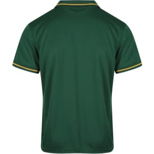 A green polo shirt featuring yellow trim at the collar and sleeves, with a logo on the back.