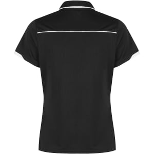 A black polo shirt with white piping detail, featuring a collar and short sleeves. It has a logo.