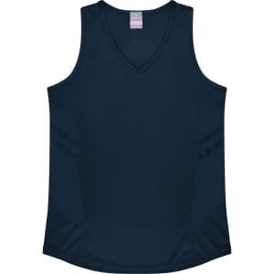A navy singlet with a V-neck design, featuring styling details on the sides and a logo.
