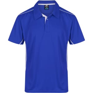 A blue polo shirt with white accents and a collar, featuring a logo on the upper left side.