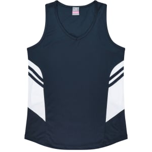 A navy singlet featuring side panels in white, designed for women. It has a v-neck and includes a logo.
