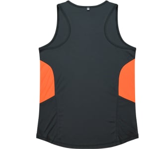 A dark green singlet with orange accents on the sides and a logo on the back.