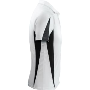 A white and black polo shirt featuring a logo, designed with contrasting side panels.