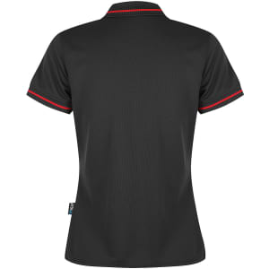 A black polo shirt with a stylish collar and red trim, featuring a logo.