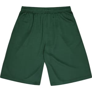 Green sports shorts featuring an elastic waistband and a logo. Suitable for kids' sports uniforms.