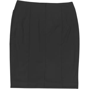 A knee-length black skirt with a sleek design and zip closure at the back, featuring subtle pleats.