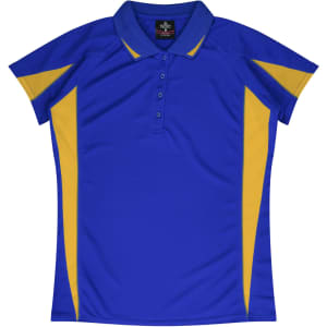 A royal blue polo shirt with yellow accents and a collar, featuring logo branding.