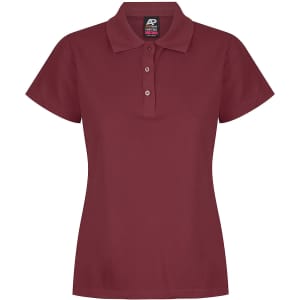 A maroon polo shirt for women with a collared neckline and button placket. Features a branding logo.