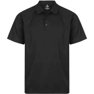 A black polo shirt with a collar, short sleeves, and a logo on the upper part.