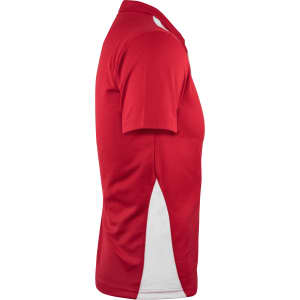 A red polo shirt with white side panels and a collar, featuring a brand logo on the front.