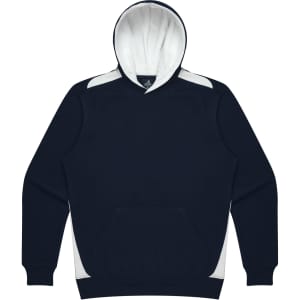 A navy blue hoodie with a light grey interior and contrasting side panels, featuring a front pocket and a logo.