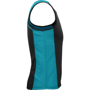 A black and teal men's singlet featuring a fitted design and a logo on the side.