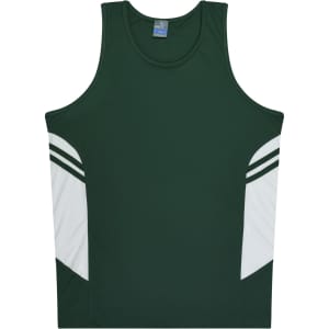A green singlet featuring white accents and stripes, with a logo on the upper left.