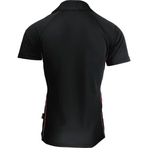 A black polo shirt with short sleeves and contrasting red side detailing, featuring a logo on the front.