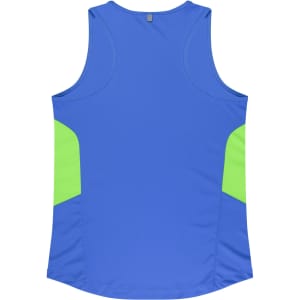 A blue singlet featuring green side panels and a logo. Designed for women's activewear.