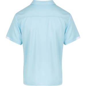 A light blue polo shirt with a collar and short sleeves, featuring a logo on the back.