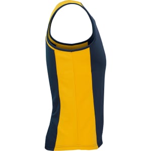 A men's singlet featuring navy blue and yellow colours, with a fitted design and a logo.