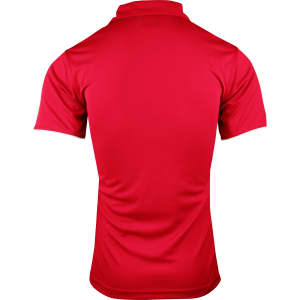 A red polo shirt with a classic collar and short sleeves. The back view highlights a smooth, minimalist design.