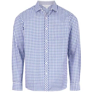 A long-sleeve button-up shirt featuring a blue and white gingham pattern, with a branded logo.
