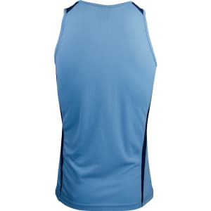 A blue men's singlet featuring a smooth design with darker blue side panels and a logo on the back.