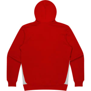 A red hoodie featuring a hood and contrasting side panels. Includes a logo on the back.