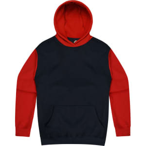 A hoodie featuring a red hood and sleeves with a navy body, complete with a front pocket and logo.