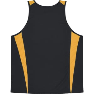A black singlet with yellow accents on the sides and a logo on the back.