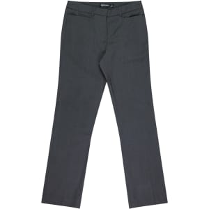 A pair of grey women's classic pants with a straight leg design, featuring front pockets and a waistband.