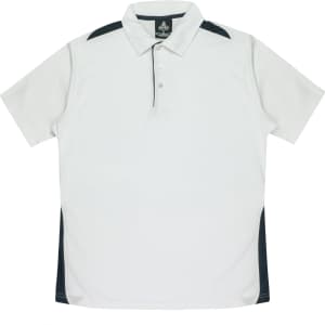 A white polo shirt featuring navy accents and a collar, with a logo located on the upper portion.