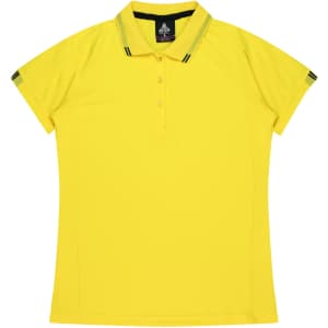A yellow polo shirt with a collared neck and contrasting black stripes on the collar and sleeves. It features a logo.