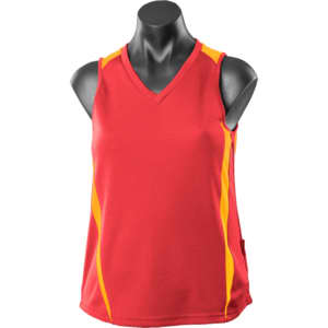 A red singlet with yellow accents, featuring a v-neck design and a logo on the side.