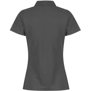 A charcoal grey polo shirt with a collar, featuring a logo. The design is simple and tailored for women.