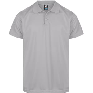 A light grey polo shirt featuring a collar and button placket, with a logo on the label.