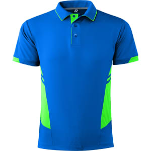 A blue men's polo shirt with green accents, featuring a collar and a logo.