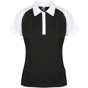 A black polo shirt with white sleeves and a collar, featuring a brand logo on the side.