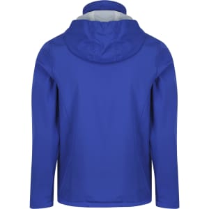 A blue children's jacket featuring a hood, designed with a smooth exterior and an interior lining.