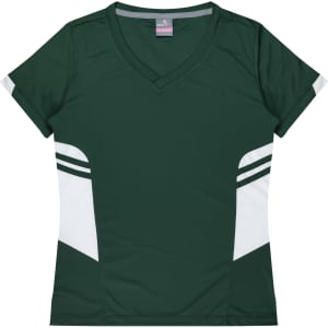 A green and white women's t-shirt featuring a v-neck and contrasting side panels, with a logo visible.