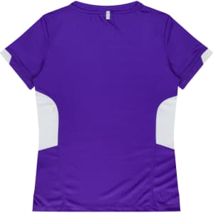 A purple women's t-shirt with white side panels and a logo on the back. Short sleeves and a round neckline.
