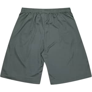 A pair of green kids' sports shorts with an elastic waistband and a simple design. Features a logo.