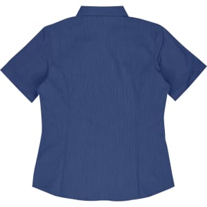 A short-sleeve button-up shirt in navy blue, featuring a tailored fit and a collar. It has a branding logo.