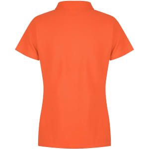 An orange polo shirt with a classic collar and short sleeves. The back features a plain design and a branding logo.